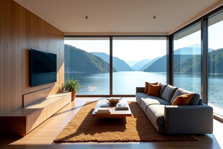 Elegant stue i en villa ved fjorden, innredet med Fjell Forms designmøbler.